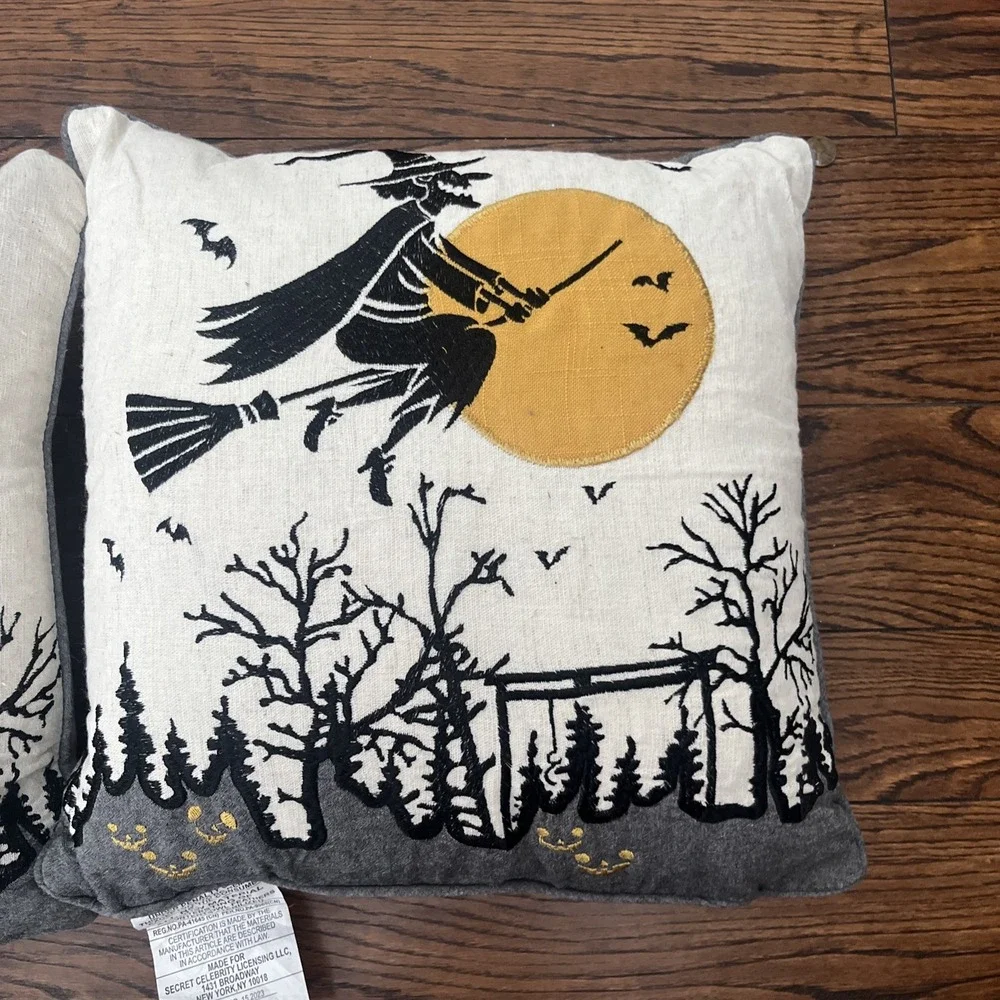 Lot Of 2 Witch Riding Broom Halloween Throw Pillows Spooky Decor 15